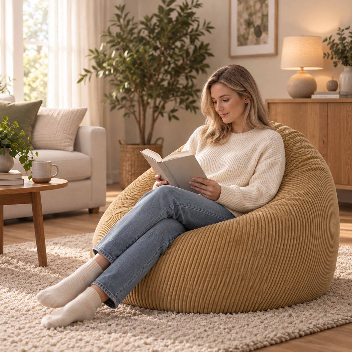 Pouf Poire Velours Côtelé Beige doré — fauteuil poire design velours côtelé beige doré, confort instantané salon