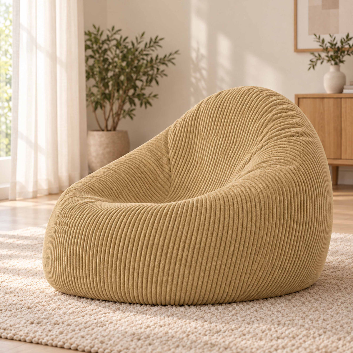 Pouf Poire Velours Côtelé Beige doré — pouf poire design en velours côtelé, rempli de billes polystyrène, pour un confort immédiat