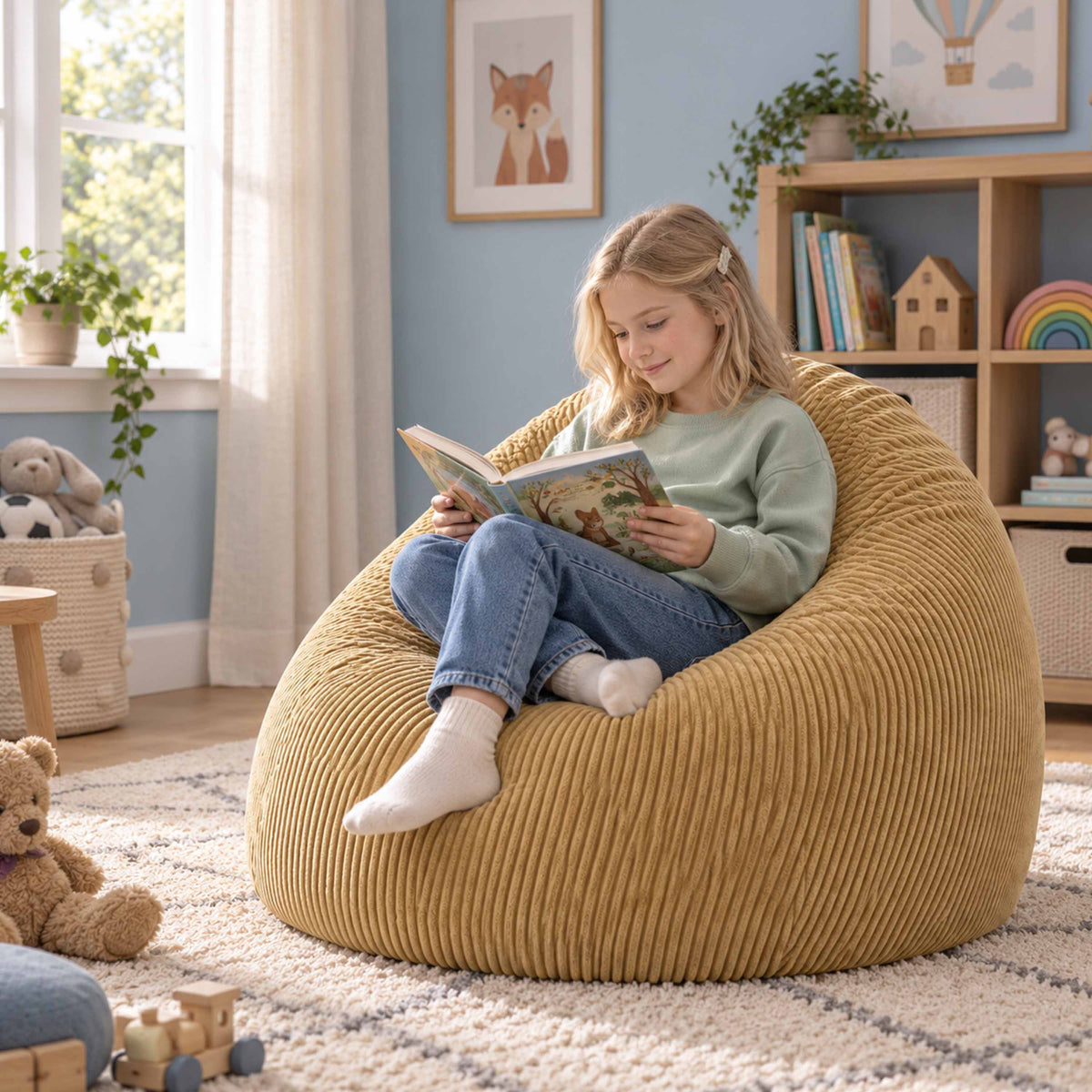 Pouf Poire Velours Côtelé Beige doré : enfant lisant confortablement sur le pouf en velours côtelé beige doré