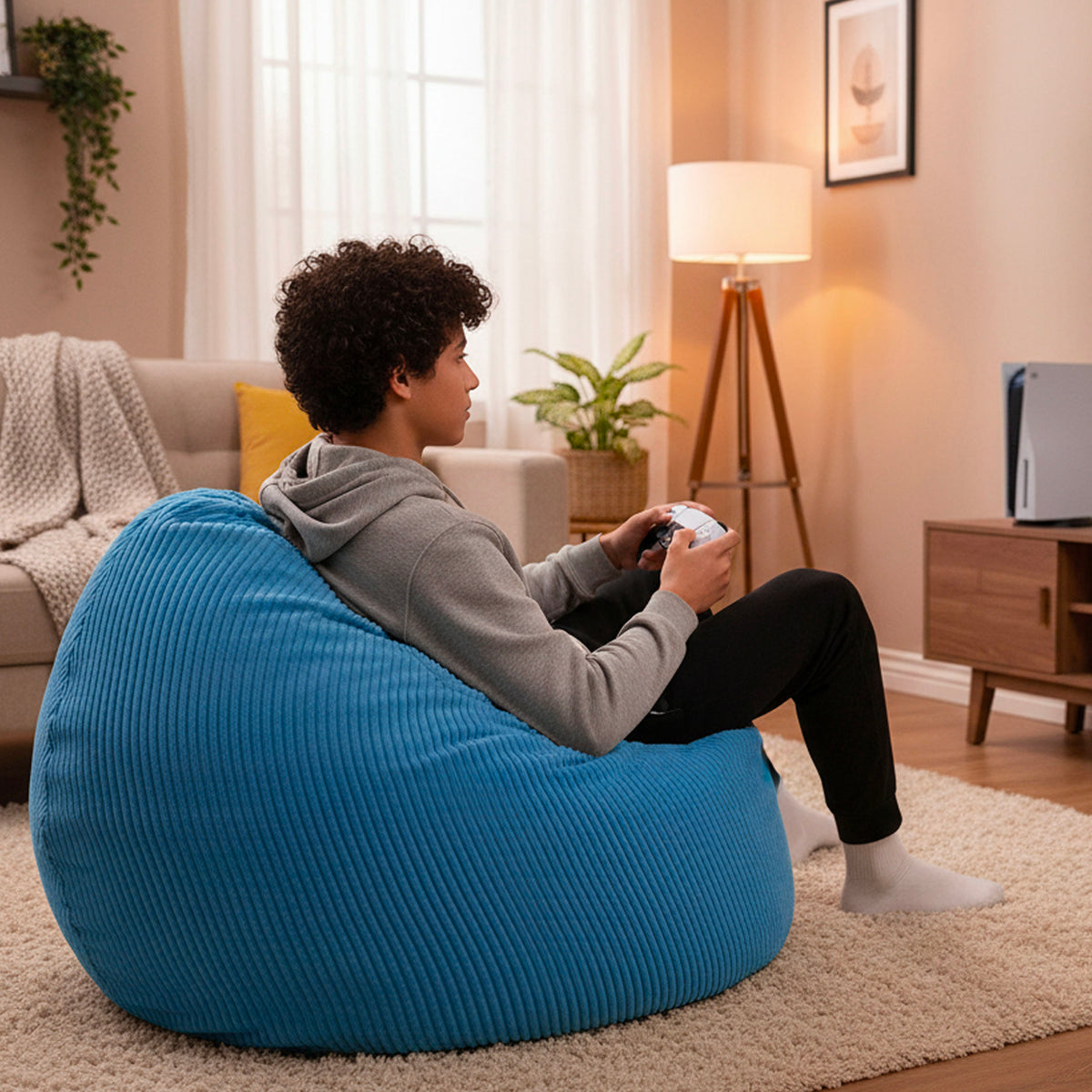 Pouf Poire Velours Côtelé Bleu Ciel, assise confortable en velours côtelé bleu ciel, rempli de billes polystyrène en France