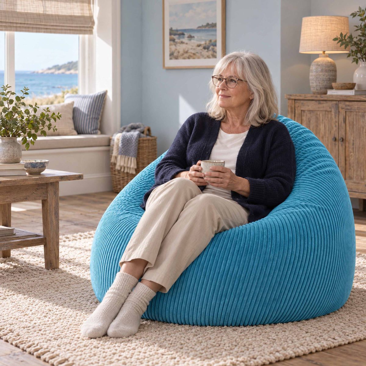 Pouf Poire Velours Côtelé Bleu Ciel : fauteuil en forme de poire bleu ciel côtelé pour détente dans le salon