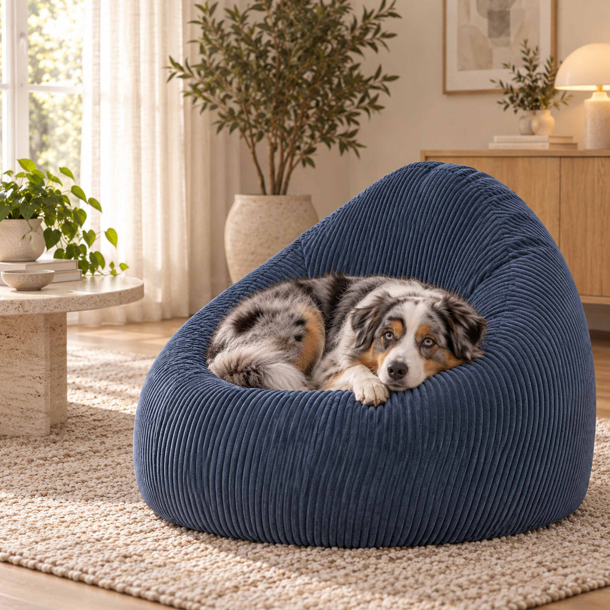 Pouf Poire Velours Côtelé Bleu denim pour chien, coussin poire bleu côtelé en velours, salon confortable