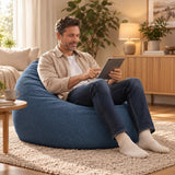 Pouf Poire Velours Côtelé Bleu denim, grand pouf rempli billes polystyrène pour confort immédiat, assise canapé salon