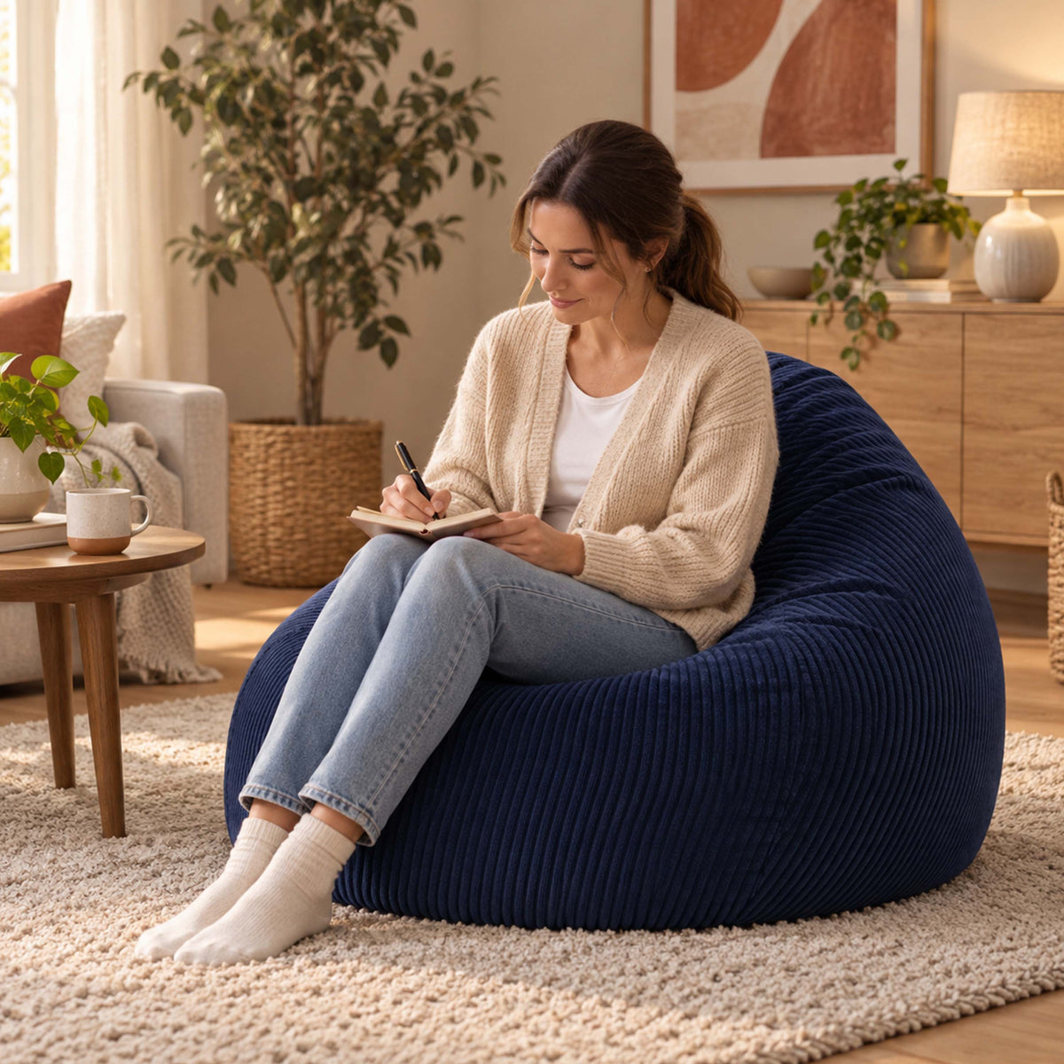 Pouf Poire Velours Côtelé Bleu Marine, confort assise déhoussable, velours côtelé bleu marine en salon chaleureux