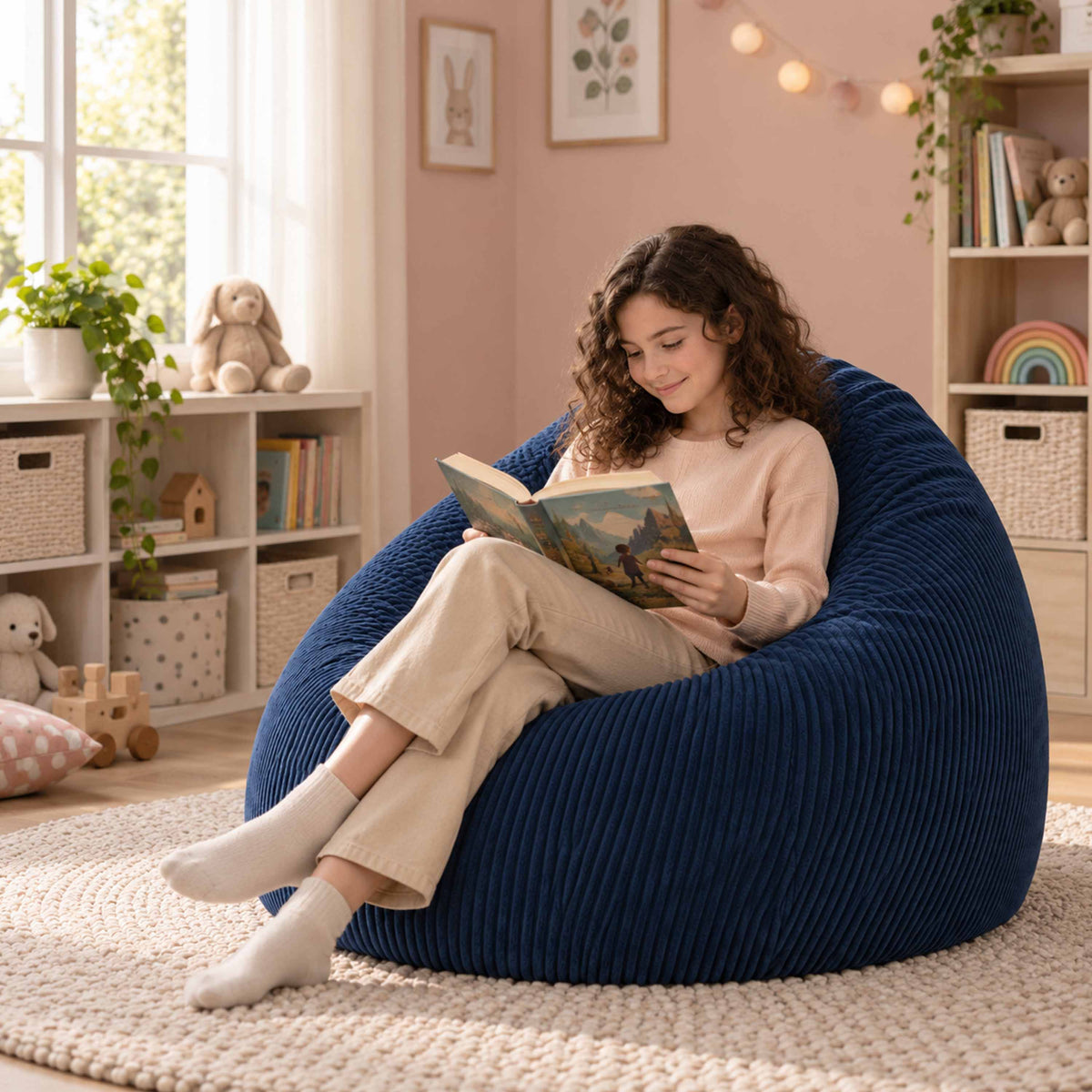 Pouf Poire Velours Côtelé Bleu Marine : enfant lisant confortablement, poire en velours côtelé bleu marine, rembourré billes polystyrène