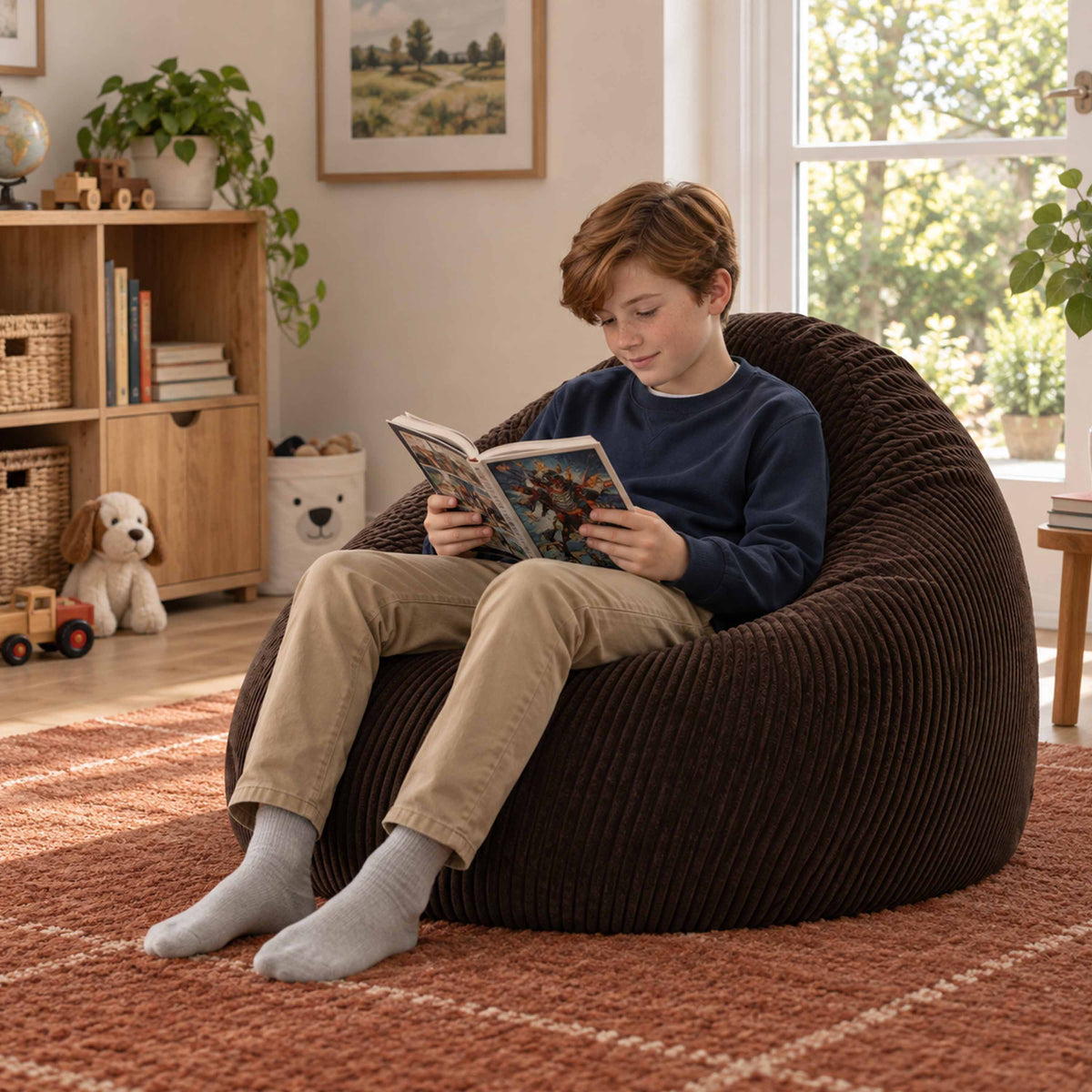 Pouf Poire Velours Côtelé Brun espresso, assise confortable en velours côtelé brun, enfant lisant dans le salon