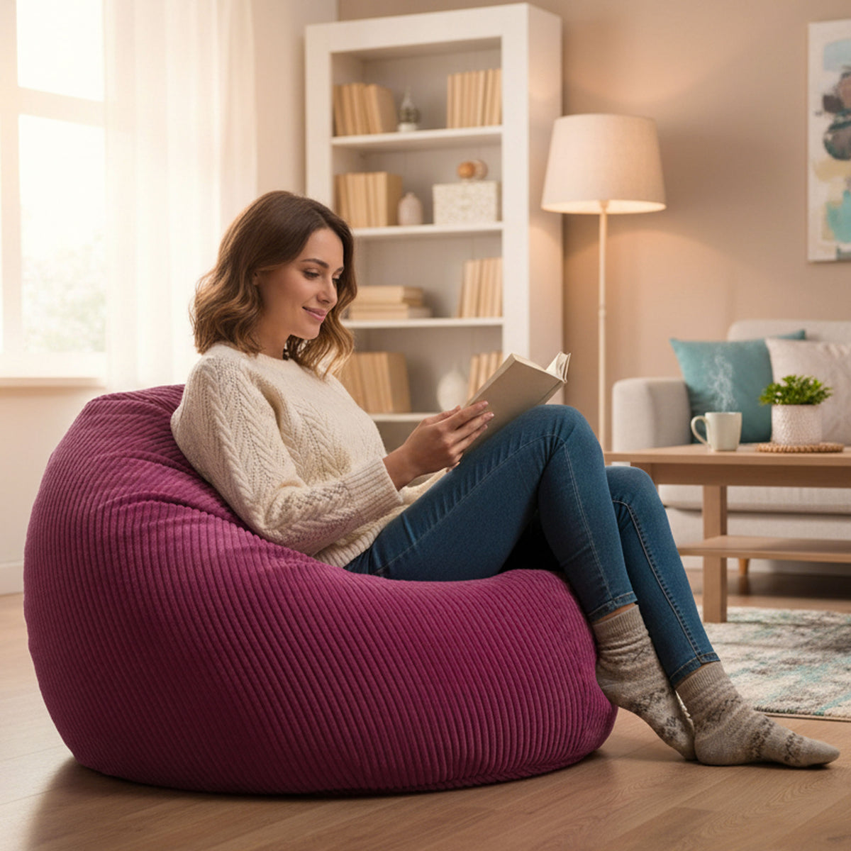 Pouf Poire Velours Côtelé Cerise, assise confortable en velours côtelé cerise pour salon, avec personne lisant