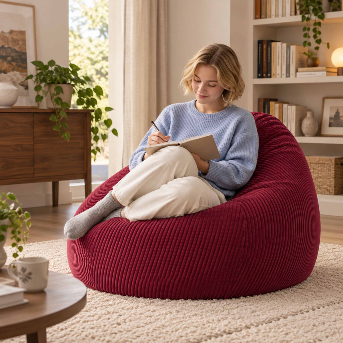 Pouf Poire Velours Côtelé Cerise : jeune femme assise sur poire velours côtelé cerise, salon cosy