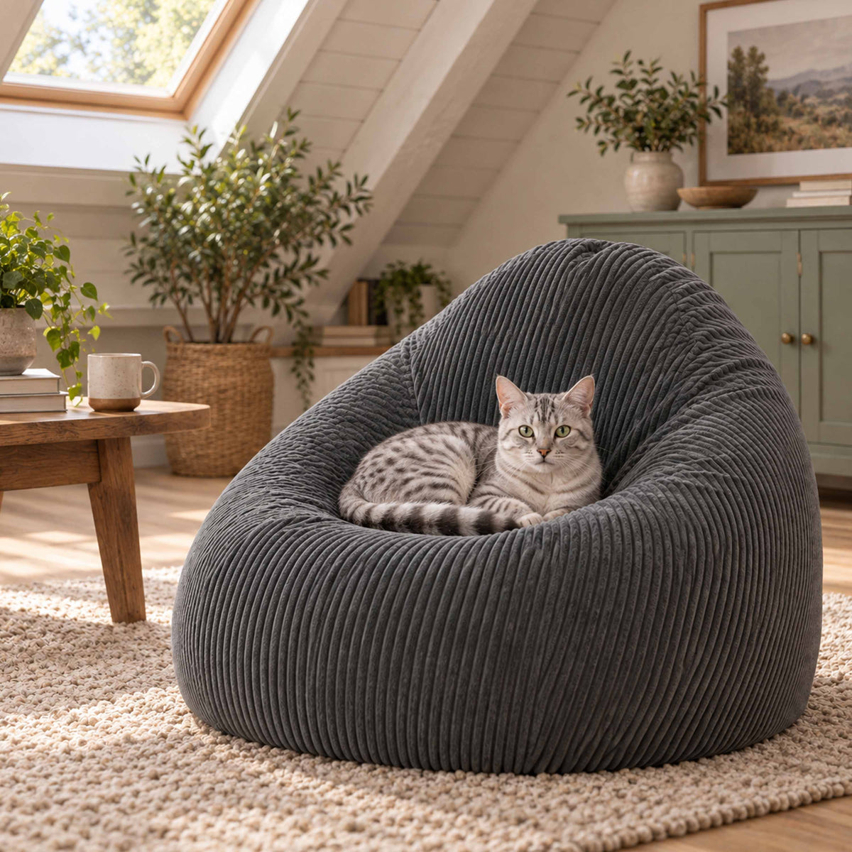 Pouf Poire Velours Côtelé Gris design en velours côtelé gris, assise confortable avec chat dans salon lumineux