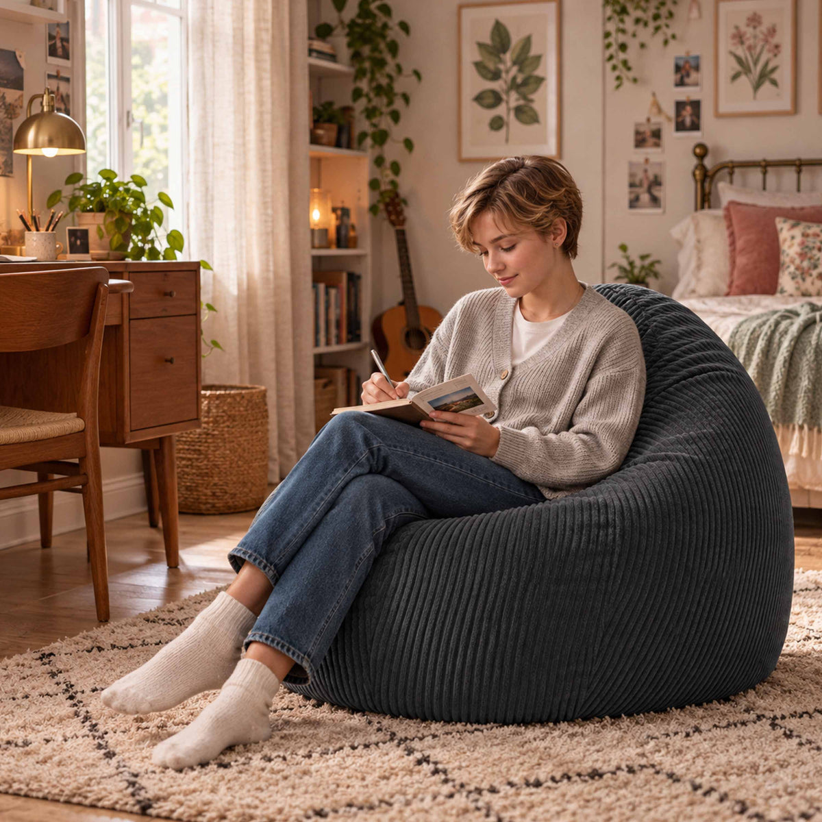 Pouf Poire Velours Côtelé Gris en velours côtelé gris, assise confortable déhoussable, billes polystyrène, salon chaleureux