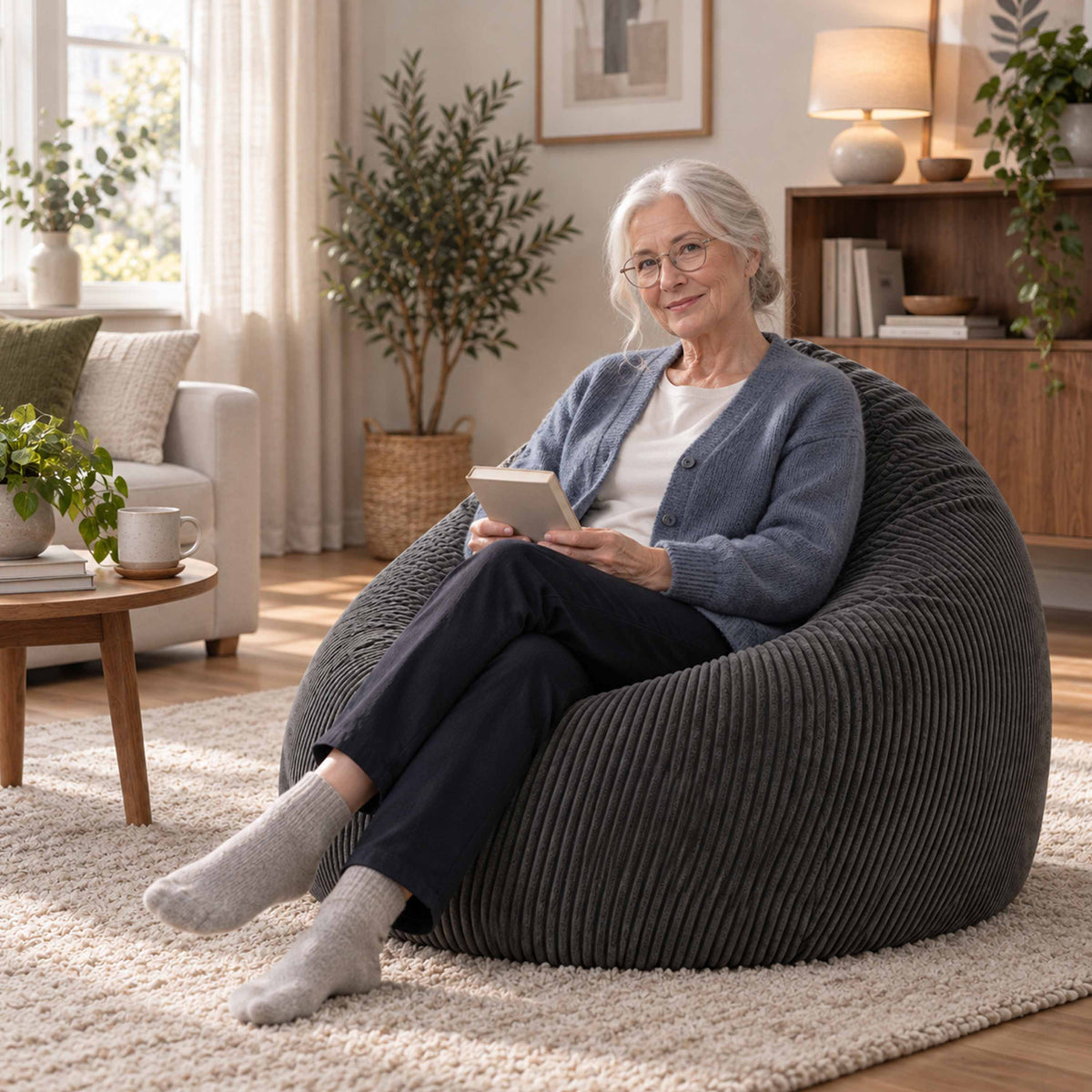 Pouf Poire Velours Côtelé Gris en velours côtelé gris, confortable et ergonomique, déhoussable, utilisé dans un salon lumineux