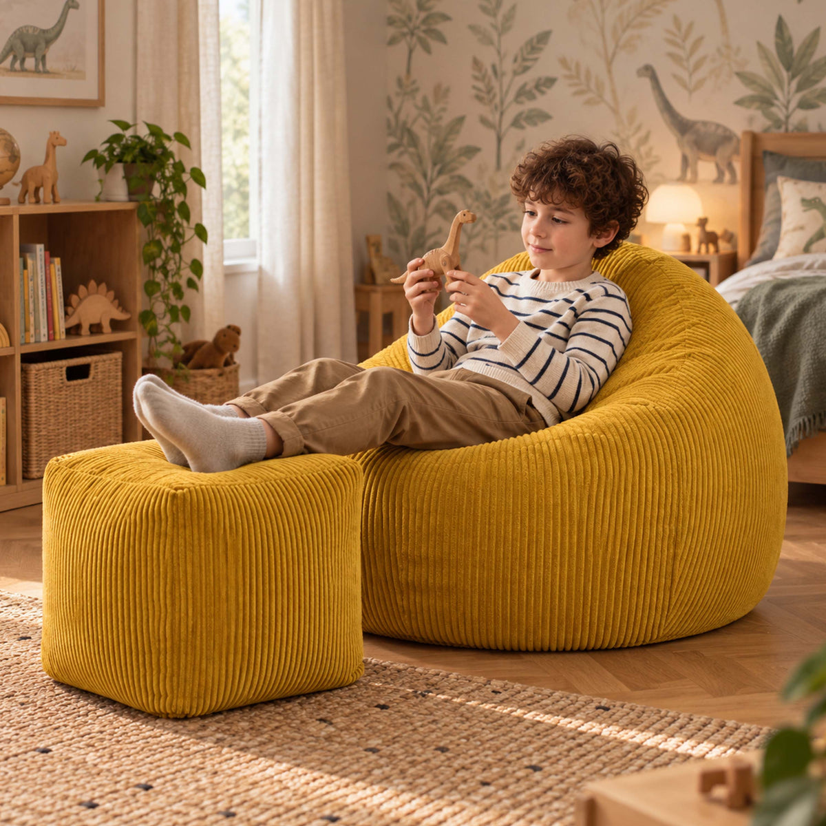 Pouf Poire Velours Côtelé Jaune moutarde : pouf poire biG52 en velours côtelé jaune moutarde pour enfant, installé en chambre