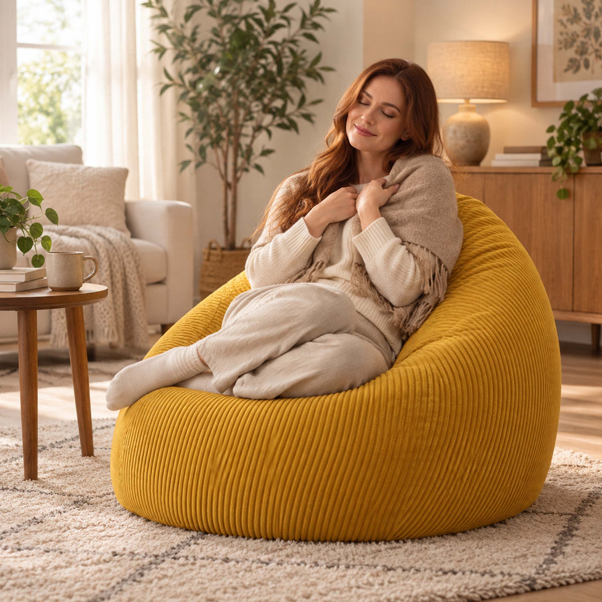 Pouf Poire Velours Côtelé Jaune moutarde, assise confortable en salon avec tissu côtelé jaune moutarde