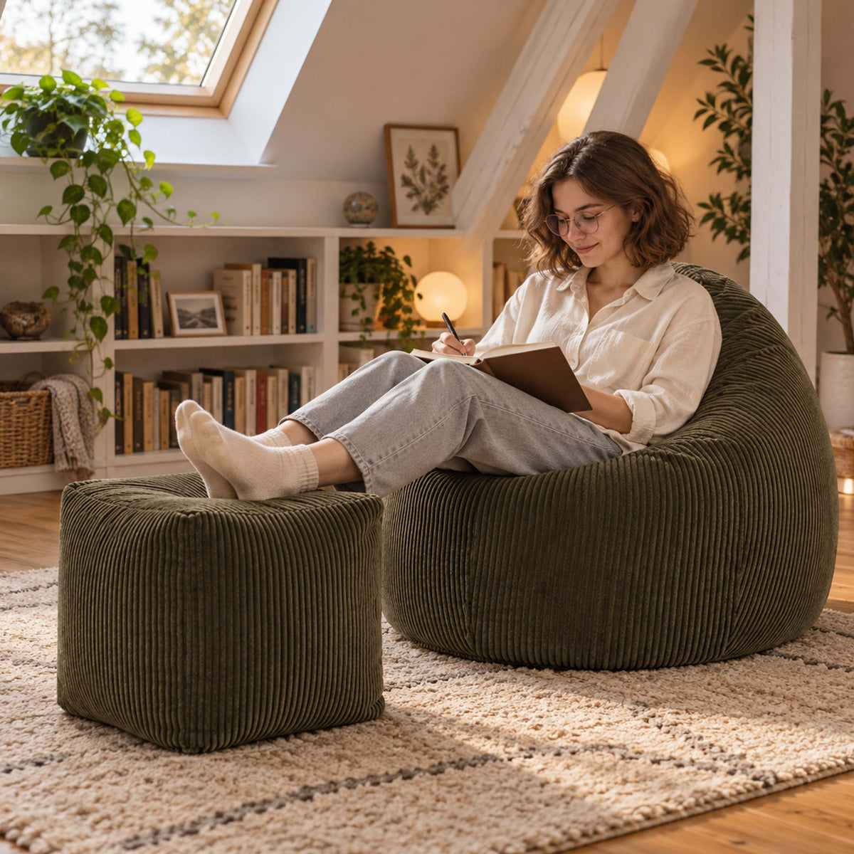 Pouf Poire Velours Côtelé Kaki foncé, assise en velours côtelé kaki foncé, coin lecture salon, fauteuil sans montage