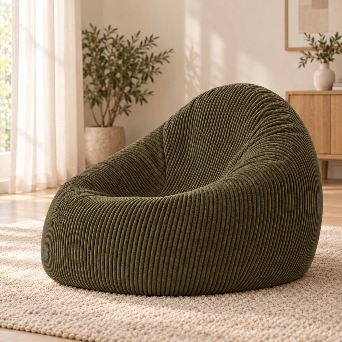 Pouf Poire Velours Côtelé Kaki foncé, gros pouf poire en velours côtelé kaki foncé pour salon, assise confortable
