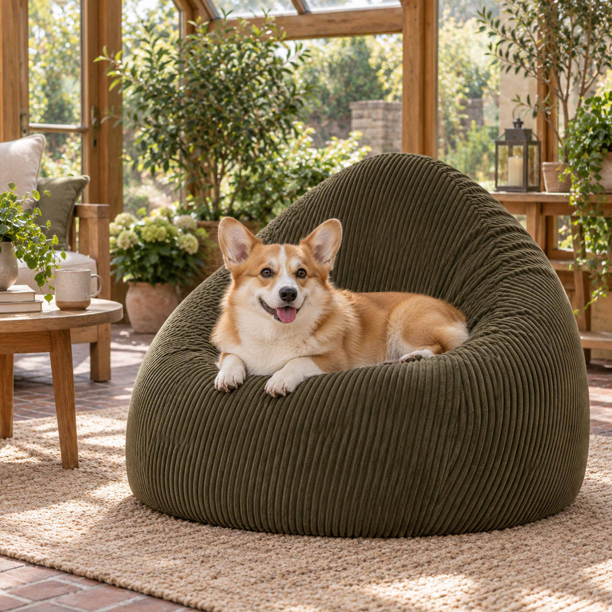 Pouf Poire Velours Côtelé Kaki foncé, assise confortable en velours côtelé, installé en salon avec chien