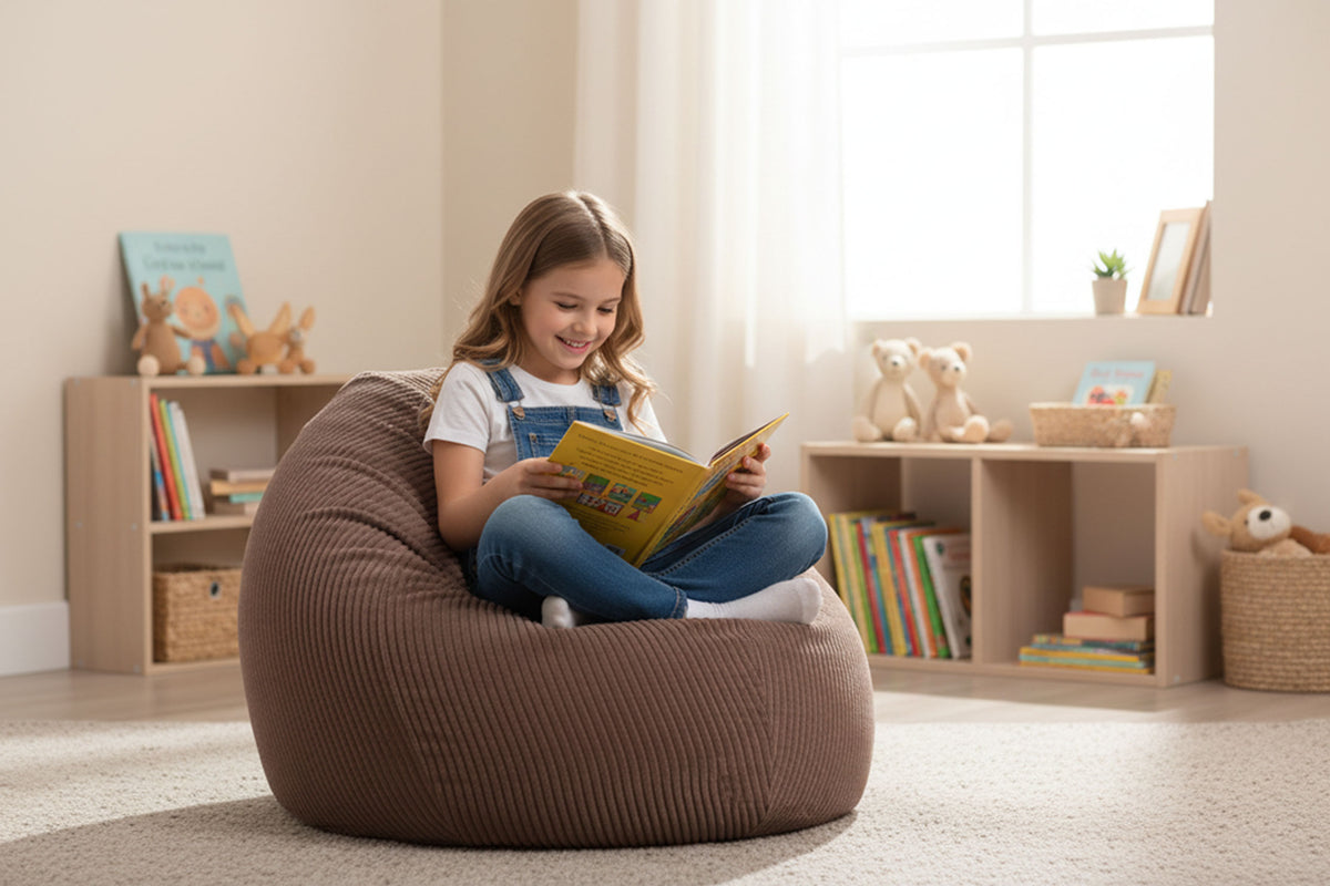 Pouf Poire Velours Côtelé Marron : fauteuil poire en velours côtelé marron pour enfant, assise confortable en intérieur