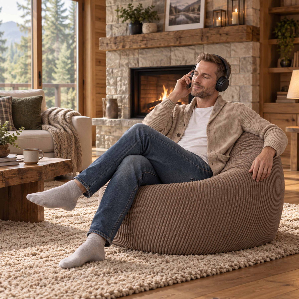 Pouf Poire Velours Côtelé Marron, homme détente au salon près du feu, assise confortable garnie de billes polystyrène