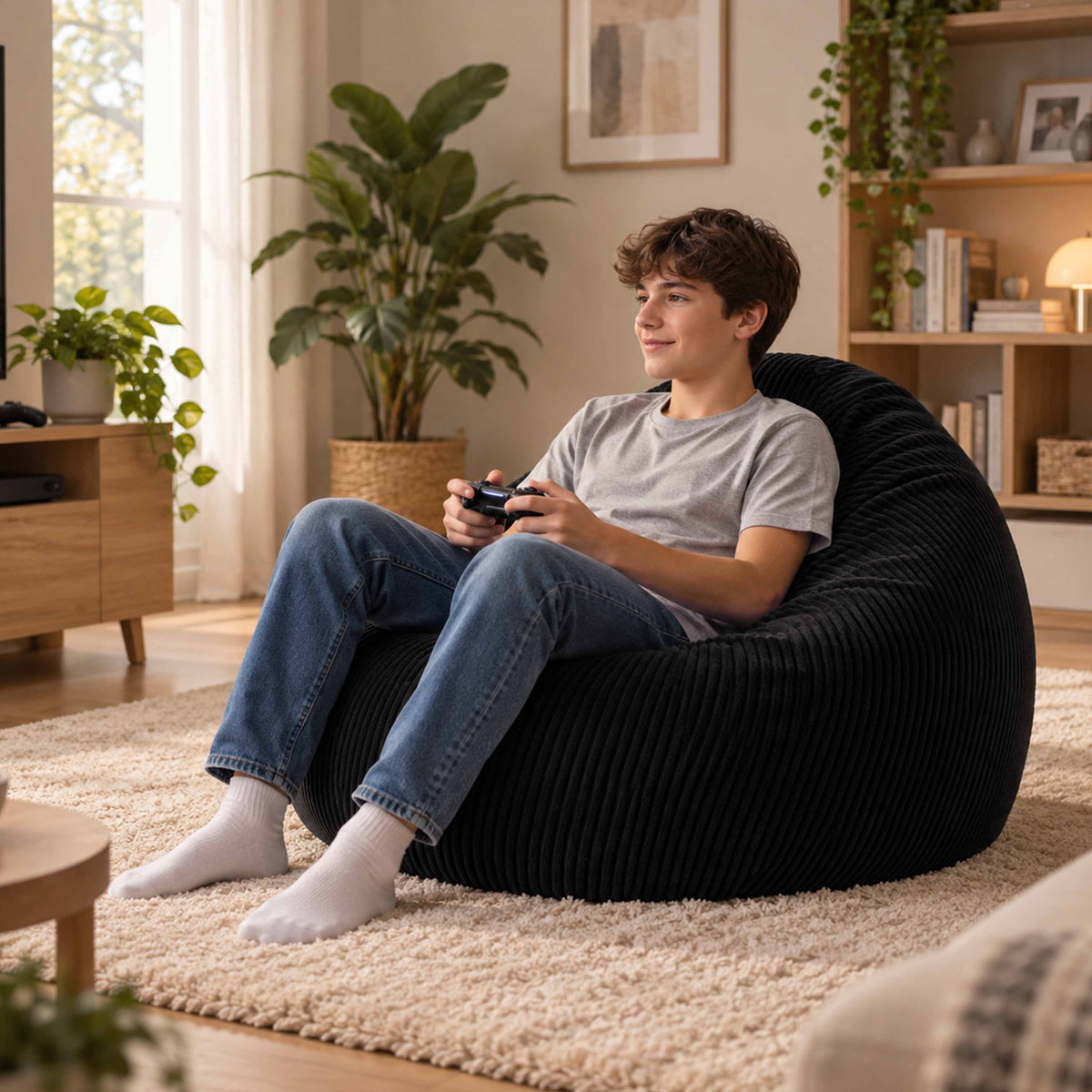 Pouf Poire Velours Côtelé Noir – pouf poire déhoussable en velours côtelé noir, idéal pour s’asseoir confortablement au salon