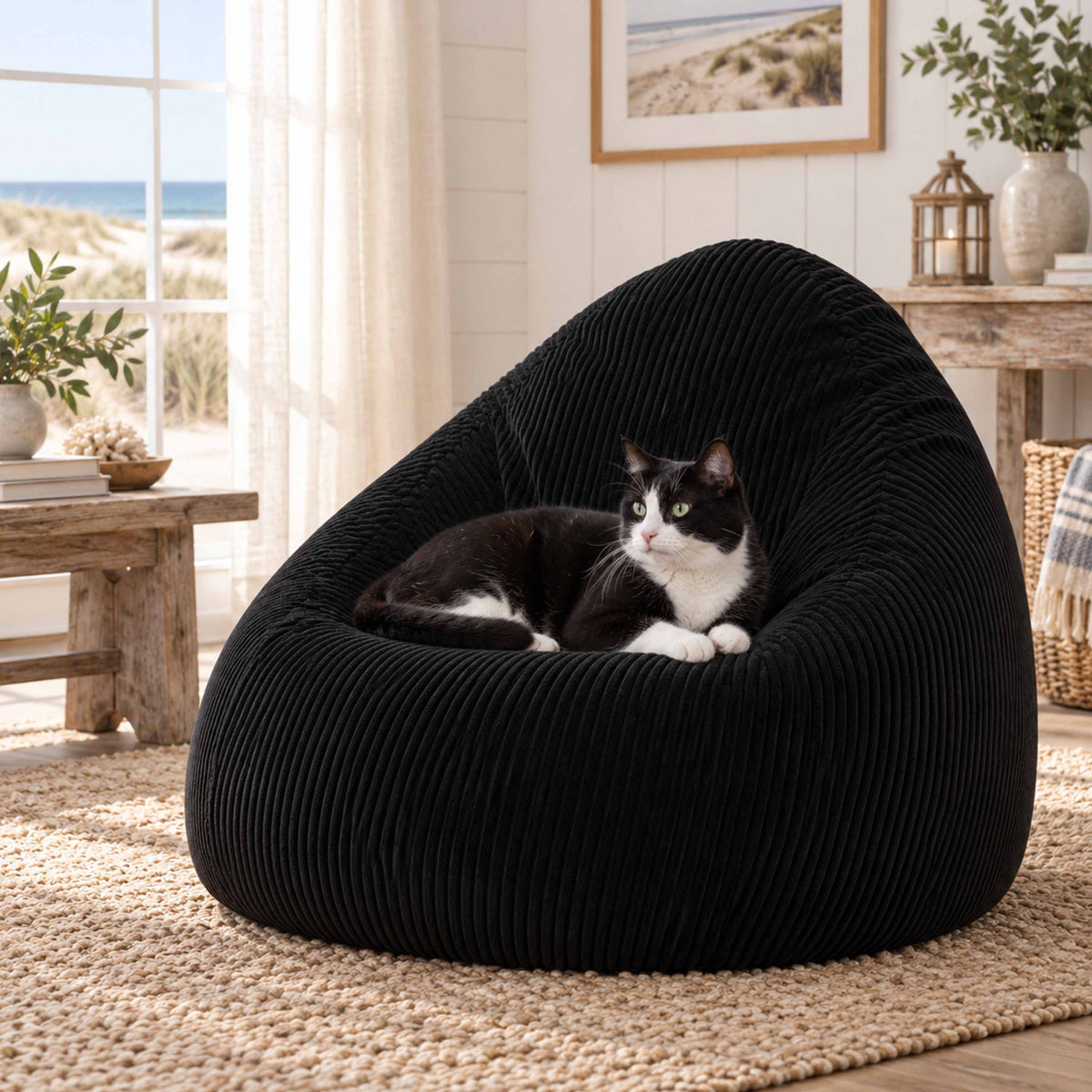 Pouf Poire Velours Côtelé Noir, assise confortable en velours côtelé noir, avec chat noir et blanc dans le salon