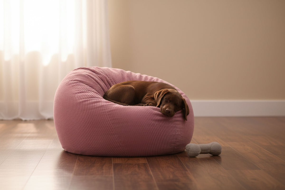 Pouf Poire Velours Côtelé Rose, assise moelleuse en velours côtelé rose avec chien endormi