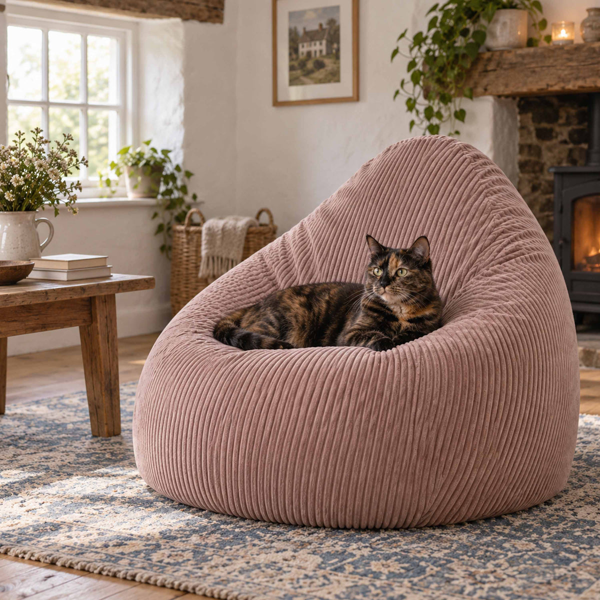 Pouf Poire Velours Côtelé Rose poudré, grand siège en velours côtelé rose poudré, confort immédiat pour salon cosy