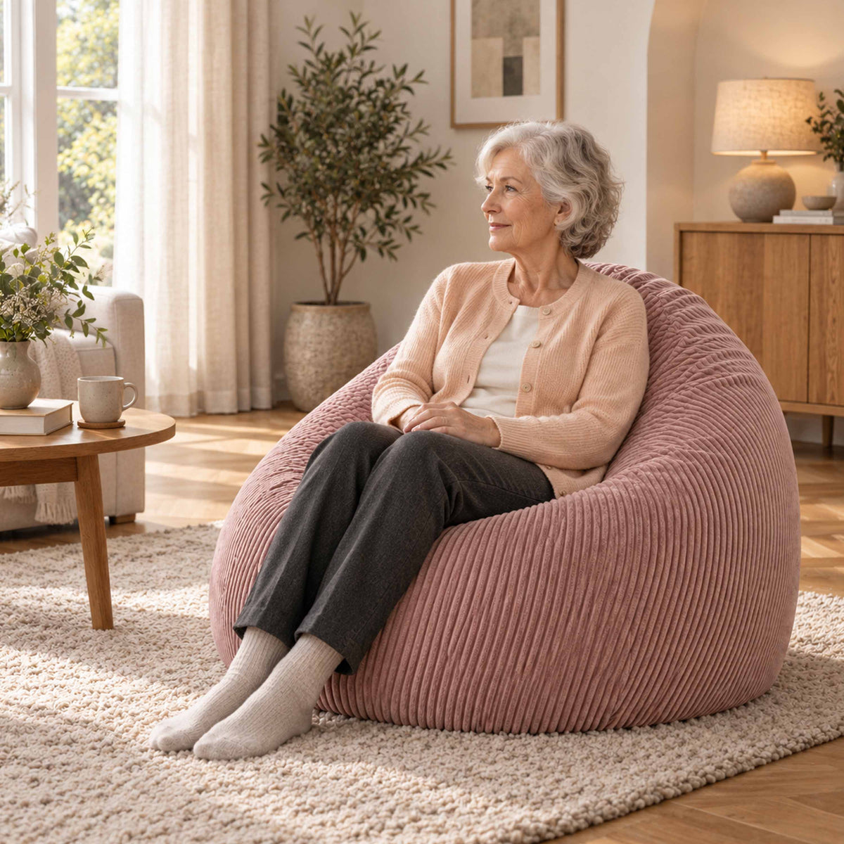 Pouf Poire Velours Côtelé Rose poudré, assise confortable pour salon, femme détendue sur poire en velours côtelé rose poudré