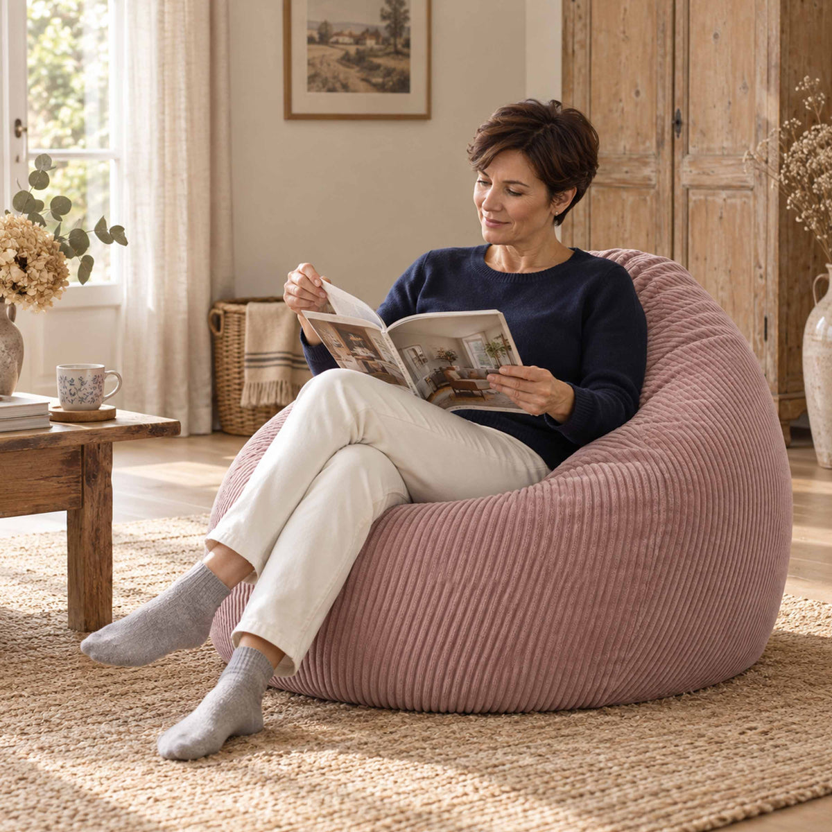 Pouf Poire Velours Côtelé Rose poudré, adulte lisant dans un salon, assise ergonomique en velours côtelé rose poudré
