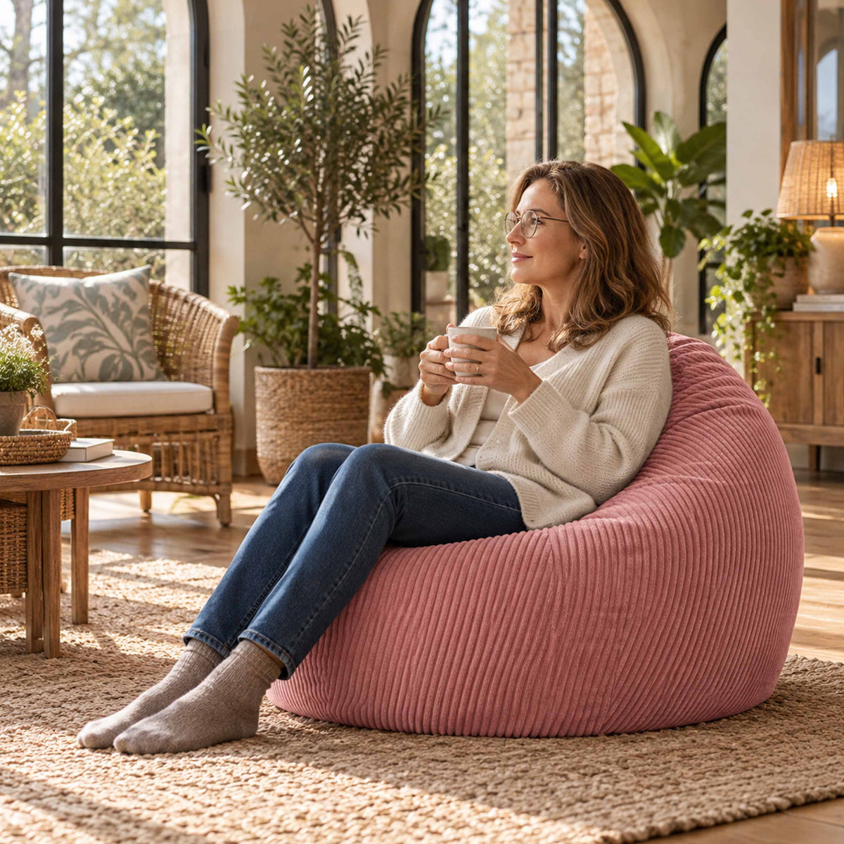 Pouf Poire Velours Côtelé Rose poudré chaud : assise détente en velours côtelé rose poudré, prêt à l’emploi, salon chaleureux