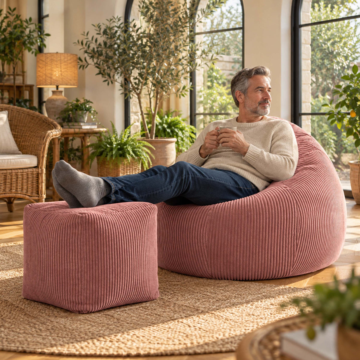 Pouf Poire Velours Côtelé Rose poudré chaud en velours côtelé, installé dans un salon avec un adulte assis