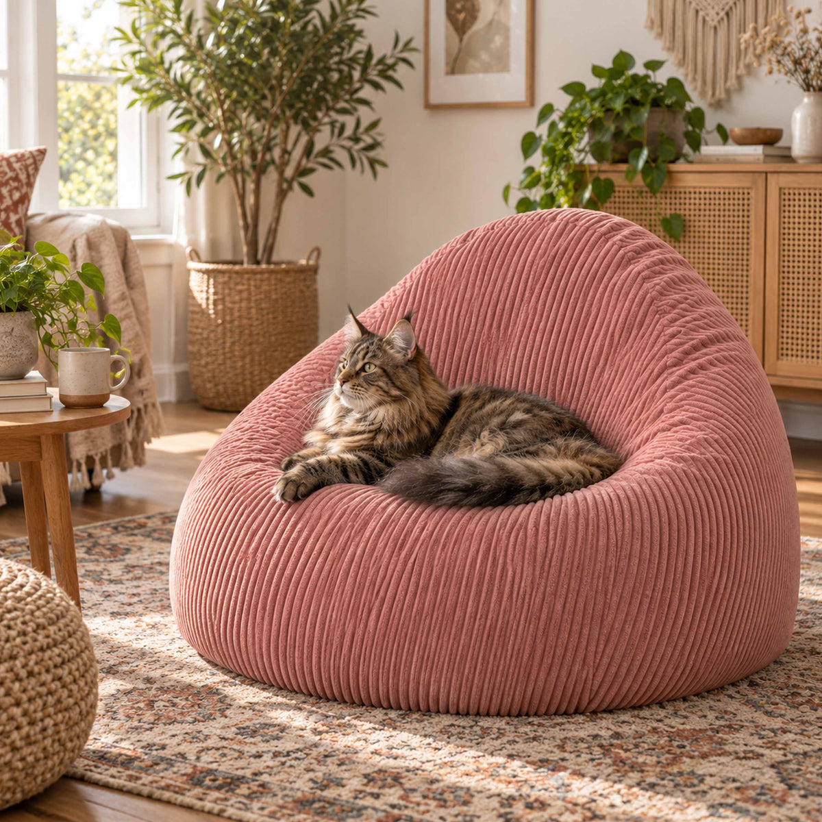 Pouf Poire Velours Côtelé Rose poudré chaud en velours côtelé, assise confortable pour chat, salon lumineux