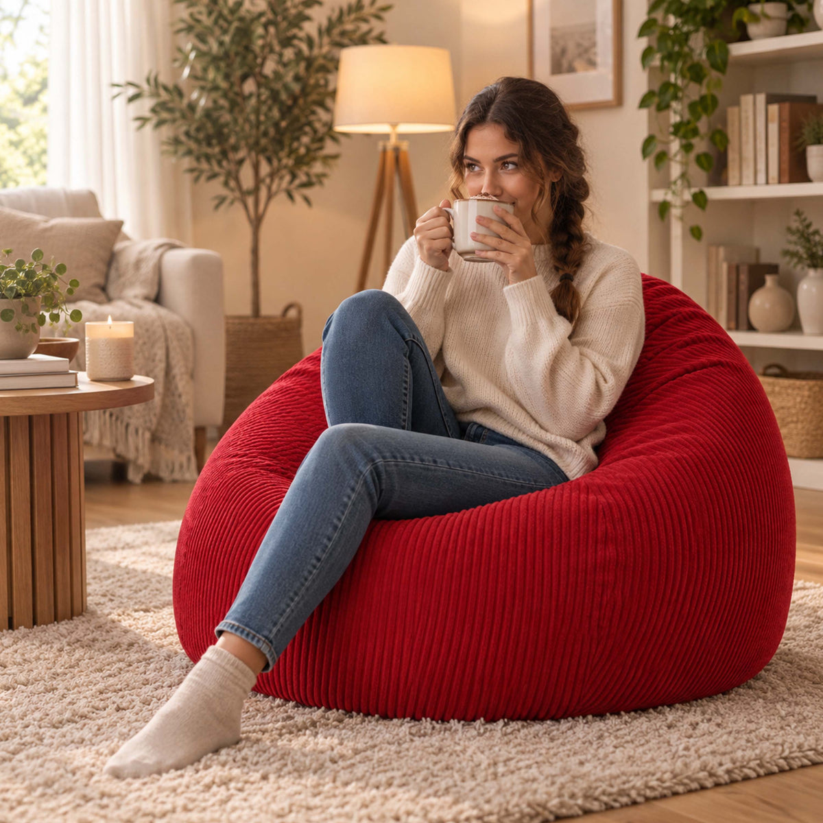 Pouf Poire Velours Côtelé Rouge, assise confortable en velours côtelé rouge pour salon et détente, rempli de billes polystyrène