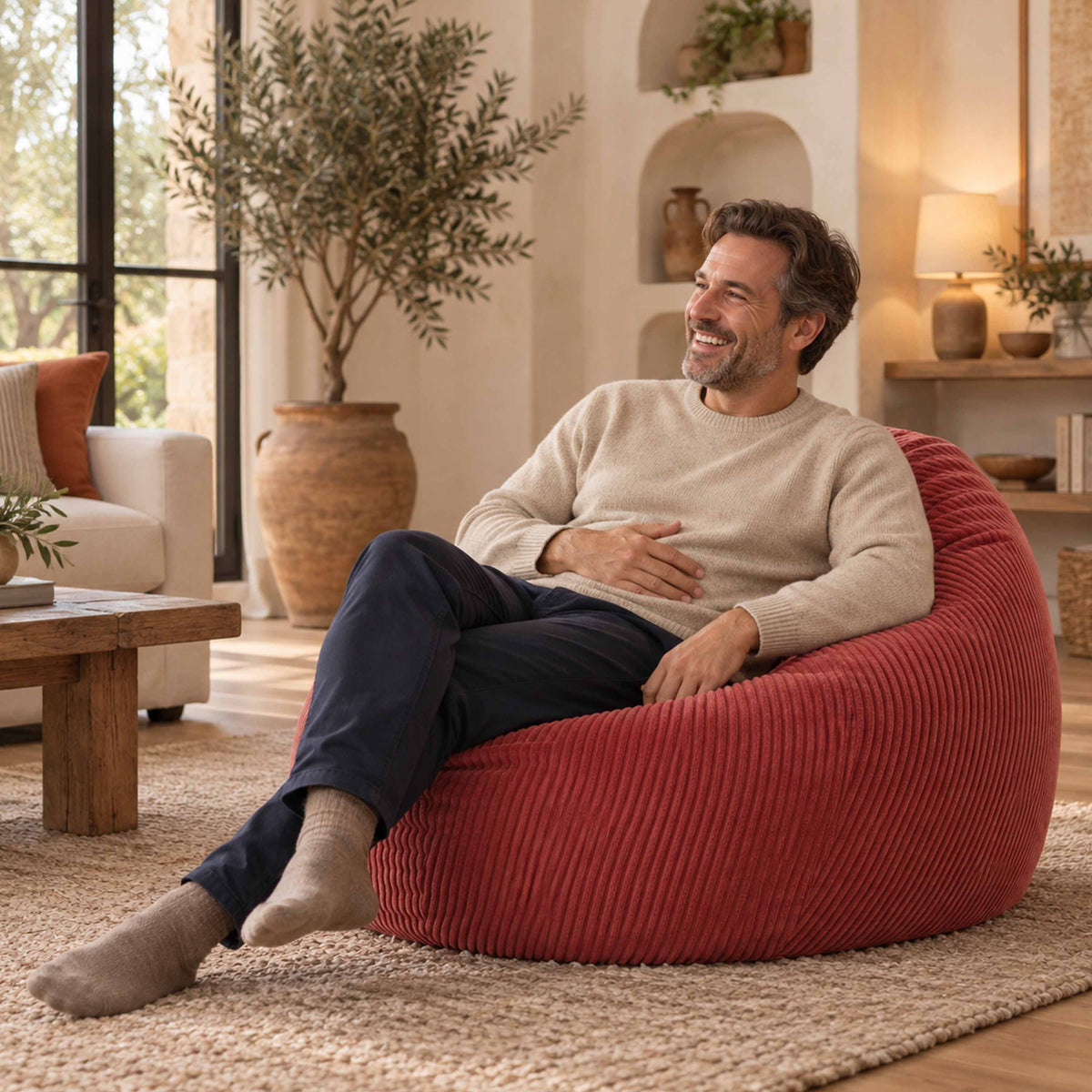 Pouf Poire Velours Côtelé Terracotta, assise ergonomique en velours côtelé terracotta remplie de billes polystyrène