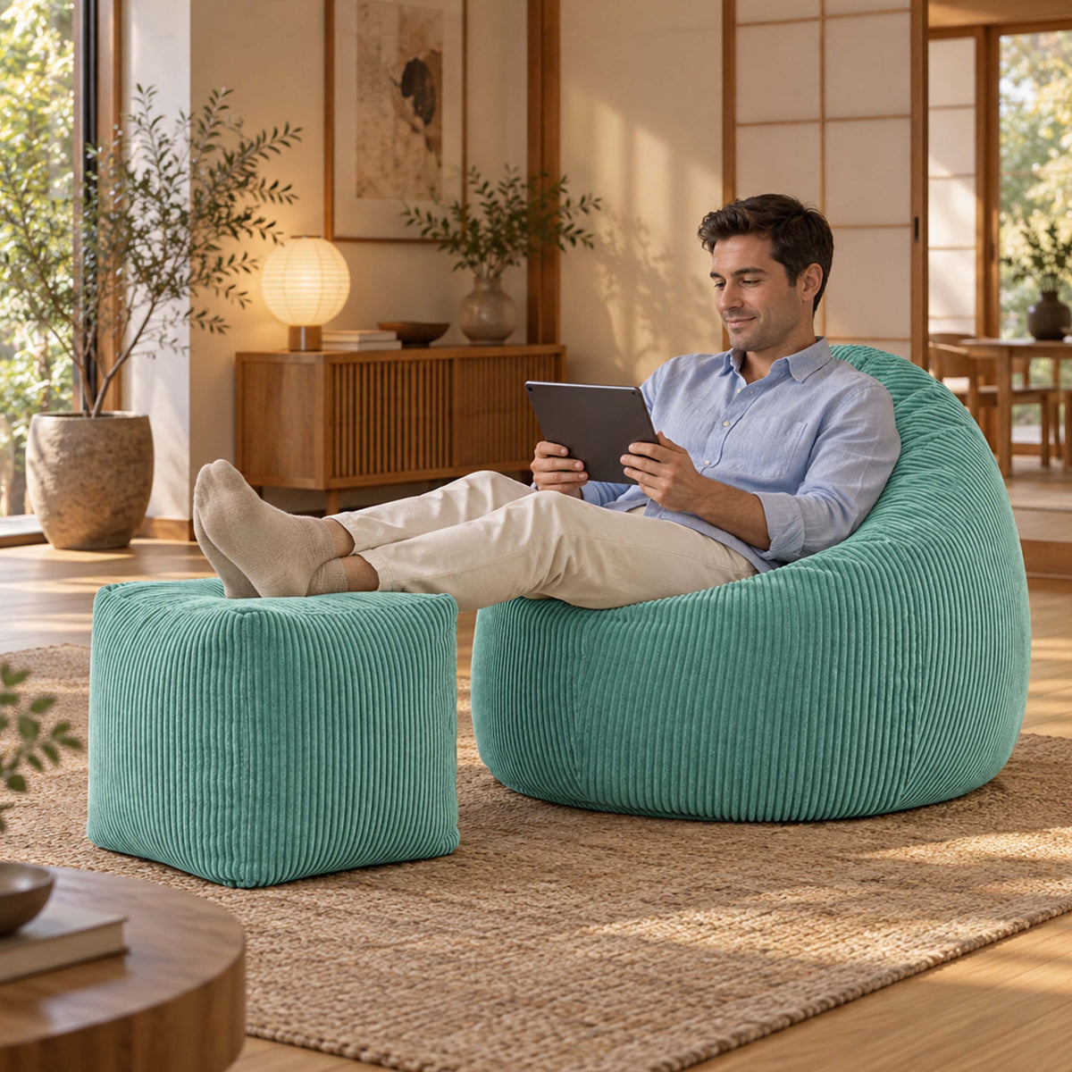 Pouf Poire Velours Côtelé Turquoise : pouf en velours côtelé turquoise, prêt à l’emploi pour un confort immédiat.