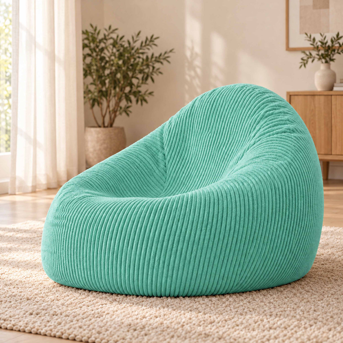 Pouf Poire Velours Côtelé Turquoise en velours côtelé, intérieur salon, assise confortable déjà remplie de billes polystyrène