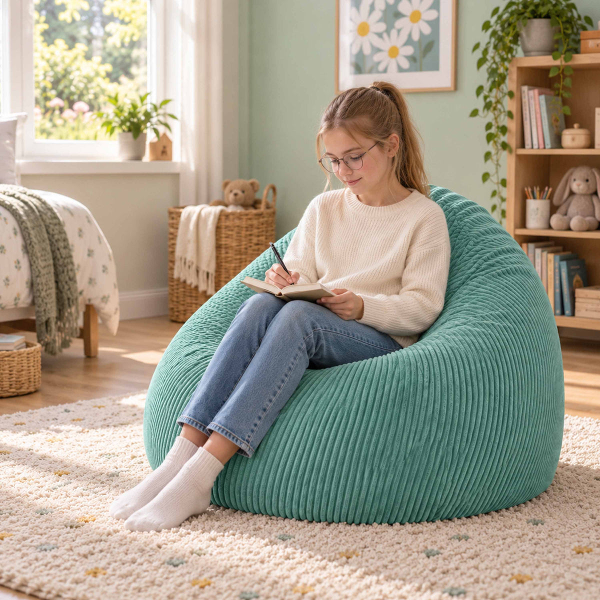 Pouf Poire Velours Côtelé Turquoise : assise confortable en velours côtelé turquoise, parfait pour lire dans le salon