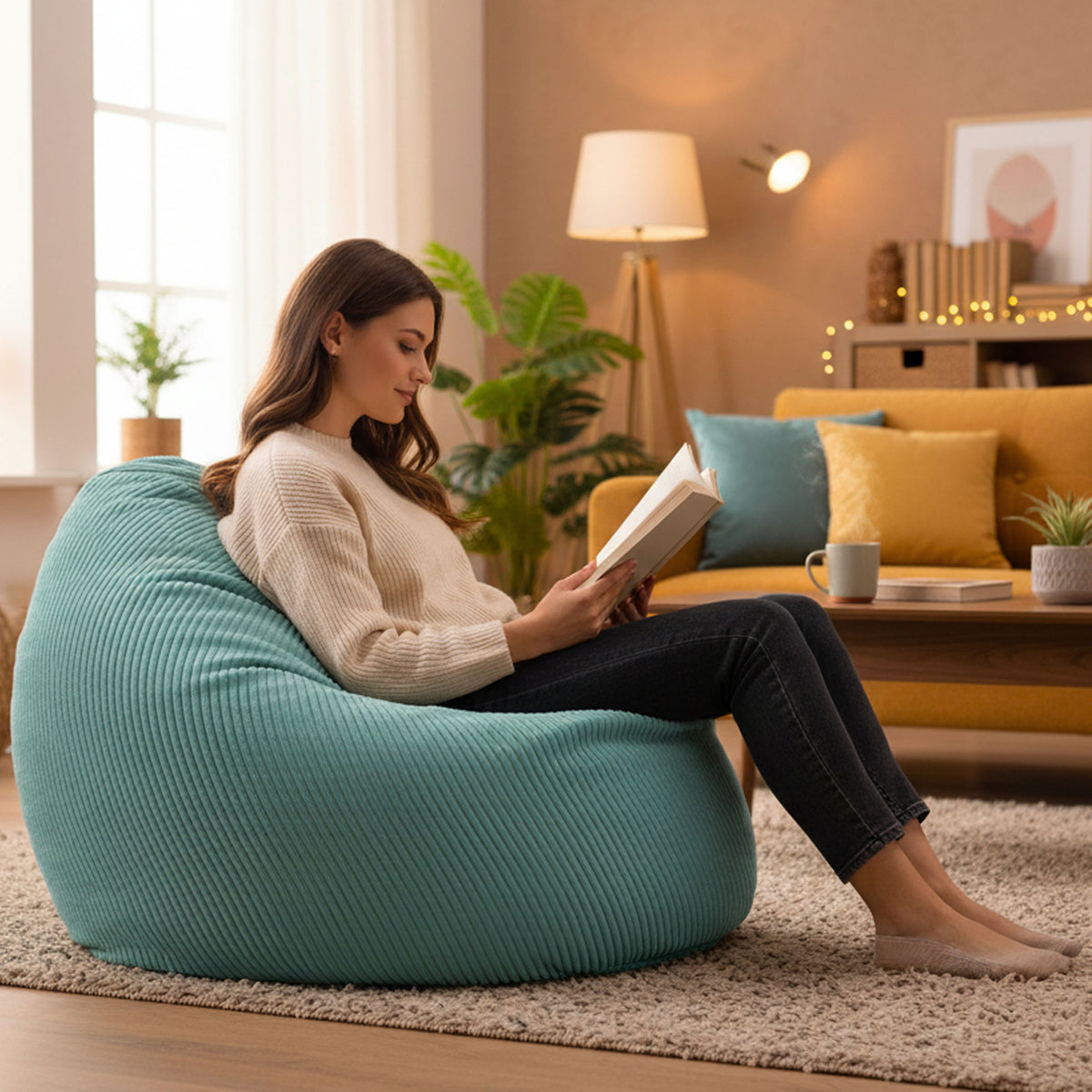 Pouf Poire Velours Côtelé Turquoise, assise confortable en velours côtelé turquoise pour lecture dans un salon