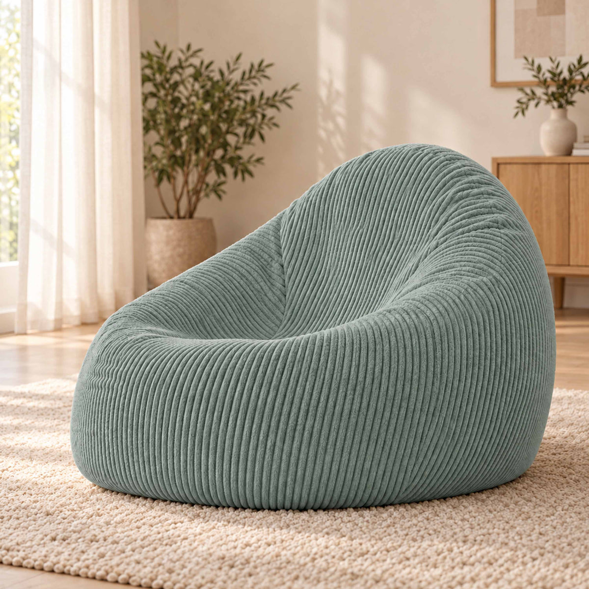Pouf Poire Velours Côtelé Vert gris, pouf rempli, assise confortable, design en velours côtelé vert gris pour salon