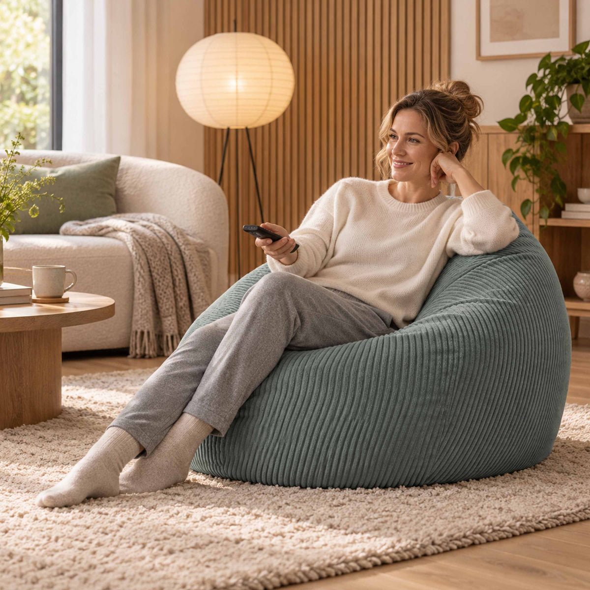 Pouf Poire Velours Côtelé Vert gris, assise confort salon, rempli de billes polystyrène, velours côtelé pour un soutien ergonomique