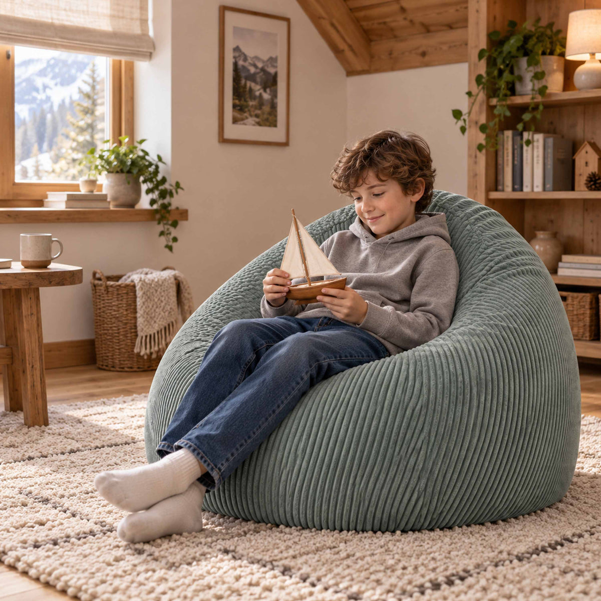 Pouf Poire Velours Côtelé Vert gris, pouf en velours côtelé pour assise confortable, enfant lisant dans un salon chaleureux