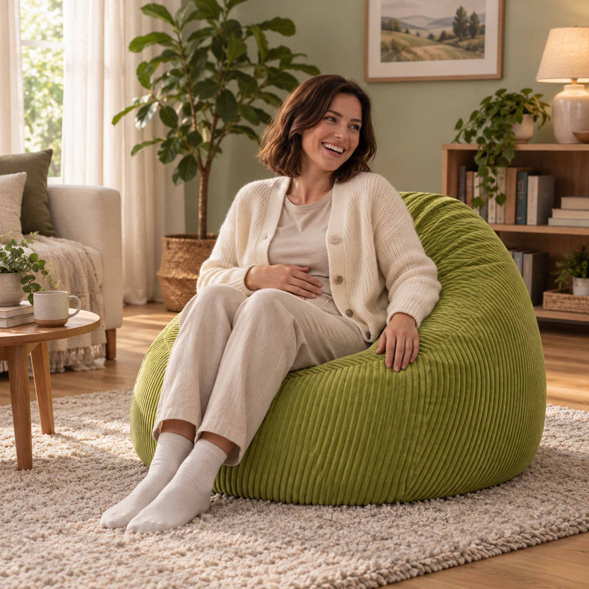 Pouf Poire Velours Côtelé Vert olive clair, pouf poire en velours côtelé rempli de billes polystyrène, assise dans un salon