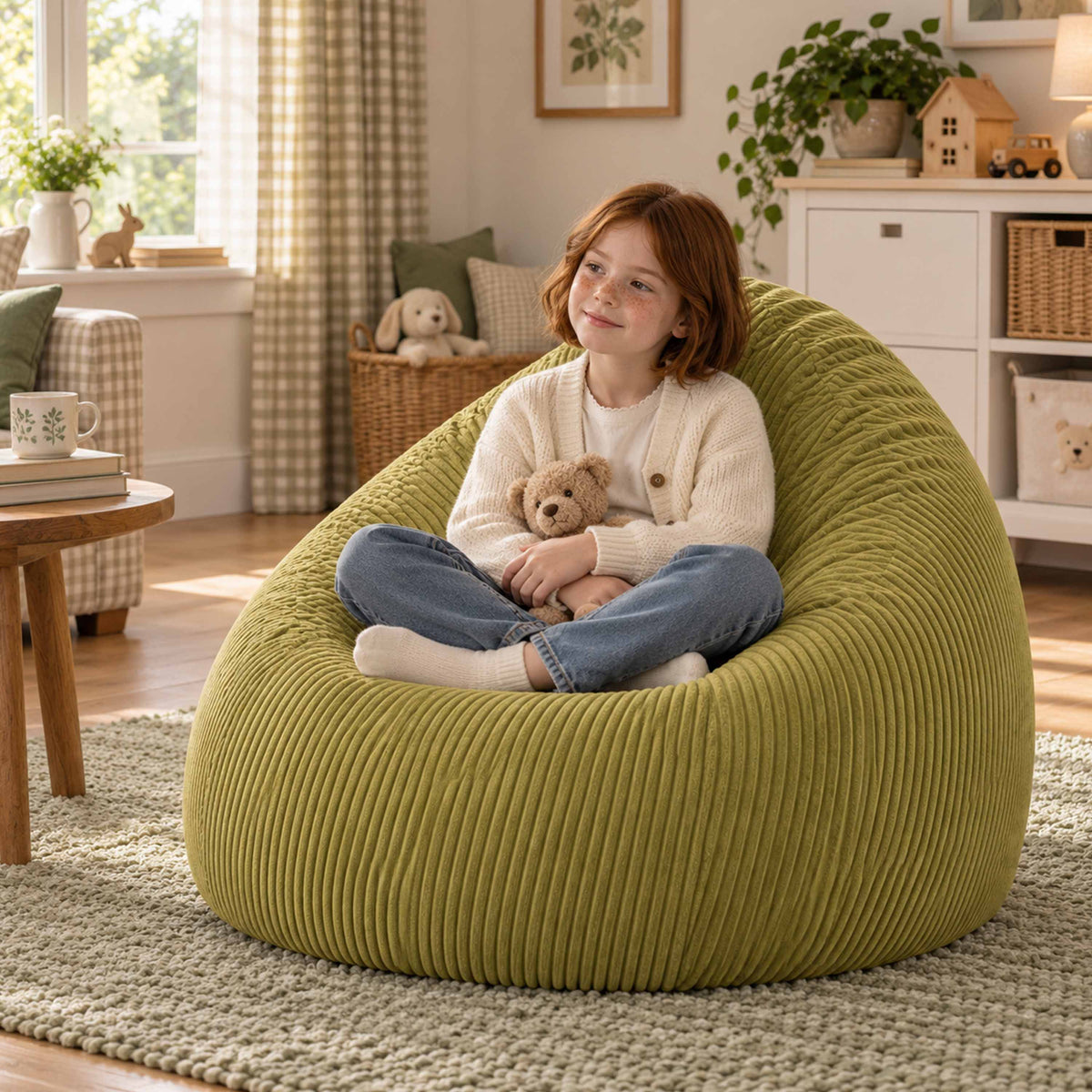 Pouf Poire Velours Côtelé Vert olive clair, assis confort pour enfant en salon, velours côtelé et ambiance cosy