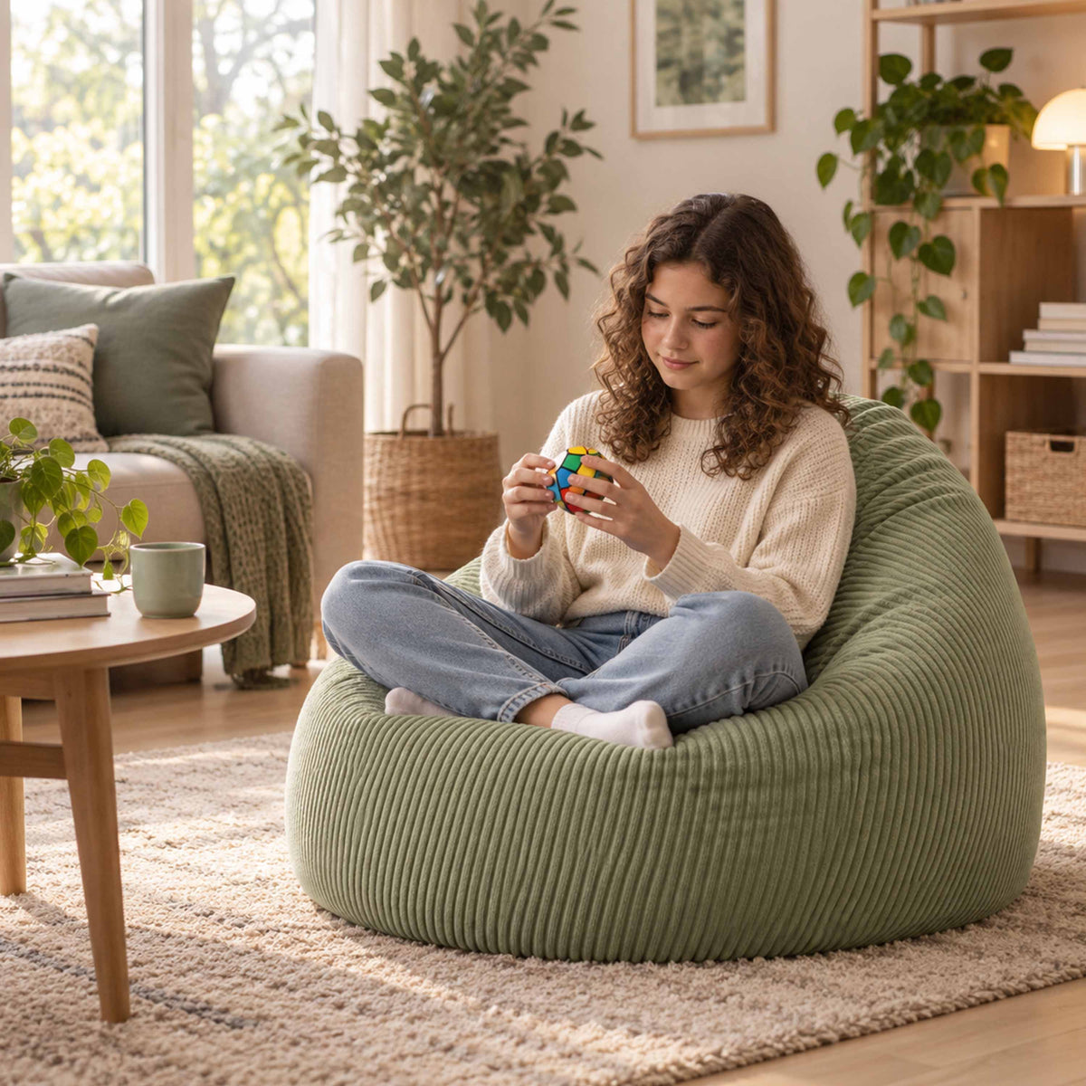 Pouf Poire Velours Côtelé Vert Sauge, grand fauteuil poire en velours côtelé vert sauge, assise confortable dans un salon