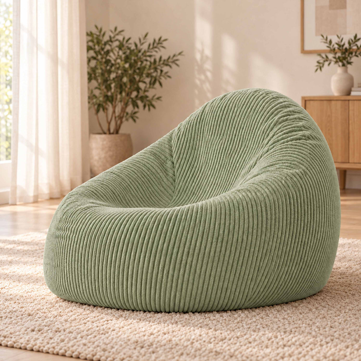Pouf Poire Velours Côtelé Vert Sauge, pouf poire rembourré en velours côtelé vert sauge pour salon détente