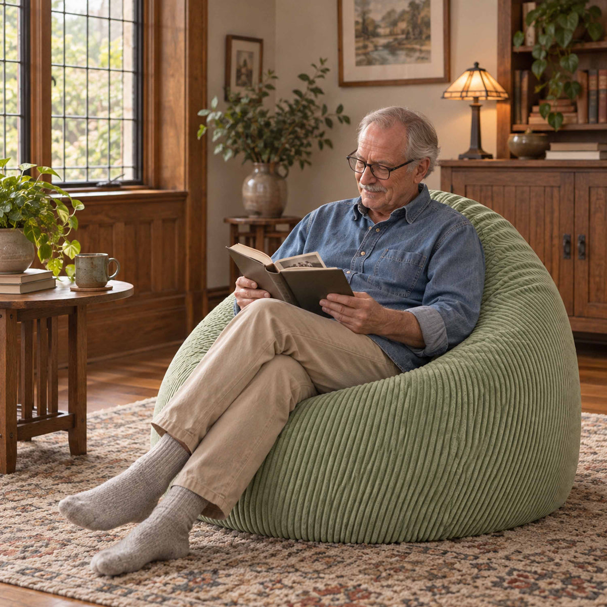 Pouf Poire Velours Côtelé Vert Sauge, assise confortable en velours côtelé vert sauge, confort immédiat pour lecture à la maison
