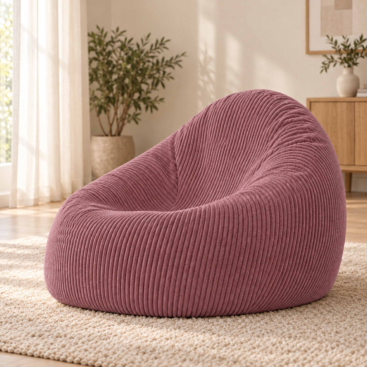 Pouf Poire Velours Côtelé Vieux rose, gros plan sur la texture velours côtelé et le coloris vieux rose dans un salon