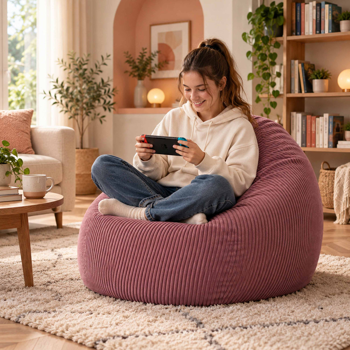 Pouf Poire Velours Côtelé Vieux rose, pouf rempli, assise confortable en velours côtelé vieux rose dans un salon