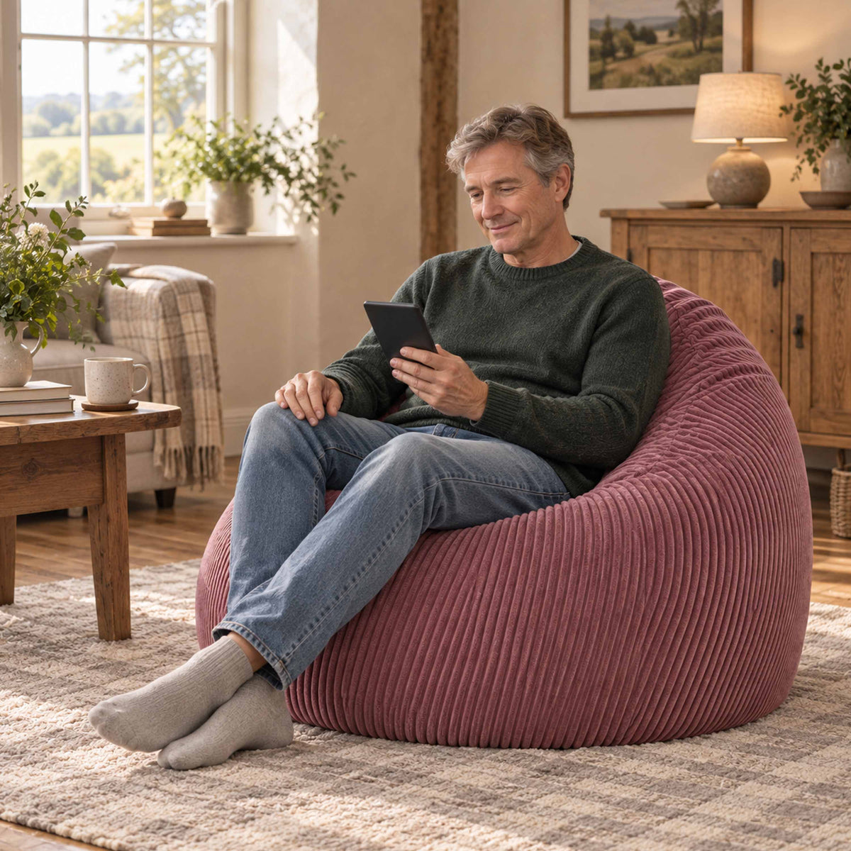 Pouf Poire Velours Côtelé Vieux rose, assise confortable en velours côtelé pour salon, déjà rempli de billes polystyrène