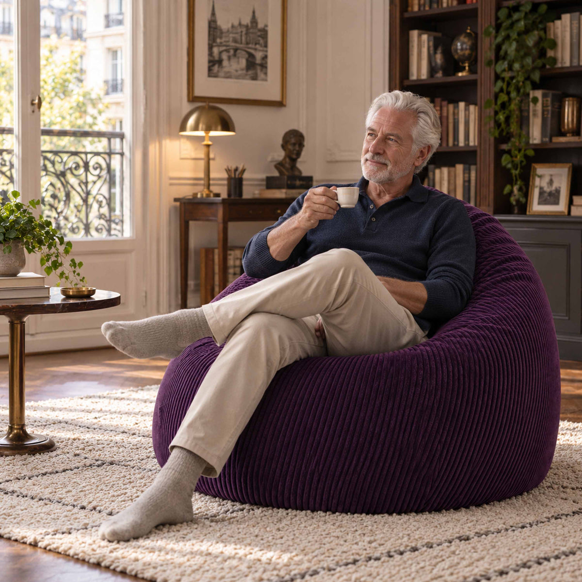 Pouf Poire Velours Côtelé Violet aubergine pour salon, assise confortable déjà remplie de billes polystyrène, design velours côtelé
