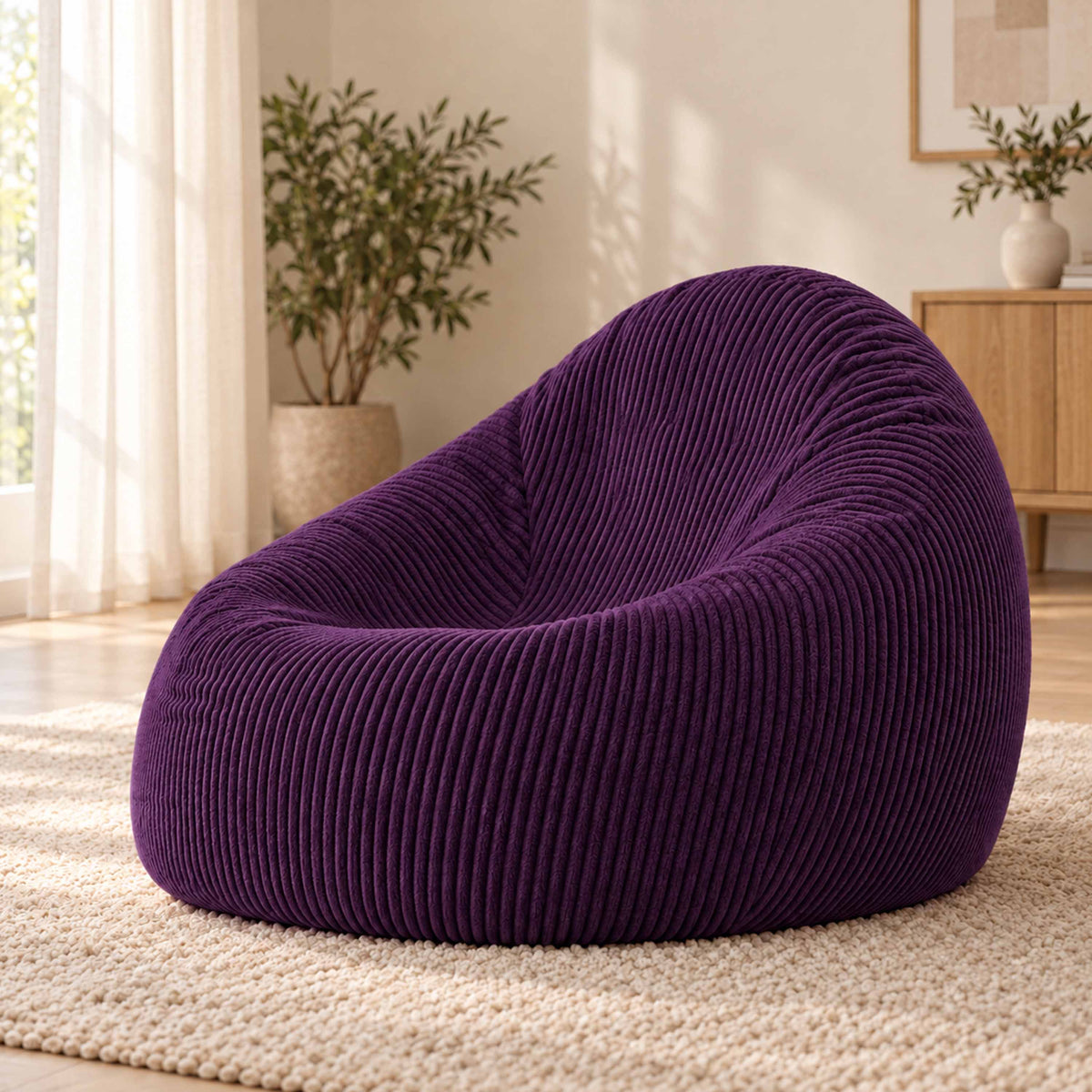 Pouf Poire Velours Côtelé Violet aubergine, pouf poire rempli, velours côtelé violet aubergine pour salon